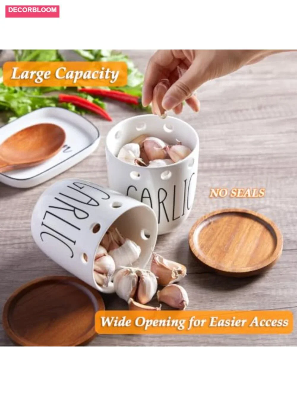 Ceramic Garlic Keeper with Acacia Wood Lid, Food Storage Jar